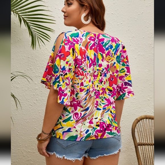 NWOT Floral V-Neck & Flounce Butterfly Sleeve Blouse by Shein VCAY - Picture 3 of 15